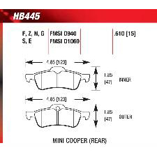 06-08 Mini Rear, 06-09 Cooper S Rear, 02-05 Mini Rear, Hawk HT-10 Brake Pads, HB445S.610